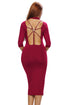 Burgundy Bodycon Mock Neck O-ring Accent Cut out Half Sleeve Midi Dress